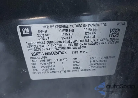 2014 GMC Terrain Sle-1 z USA, uszkodzony, nr VIN 2GKFLVEK5E6247428